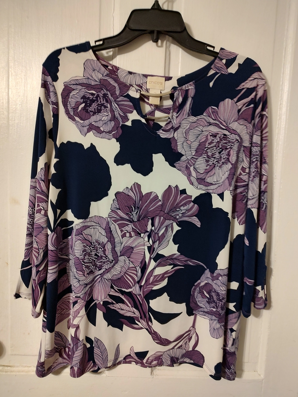 Chico's Purple Floral Navy & White Knit Top
